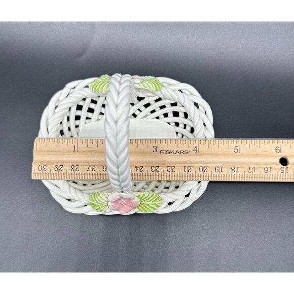 Vintage Basket Trinket Dish Cabo Spain SL Reticulated White Pink Flowers Repair - Picture 9 of 10